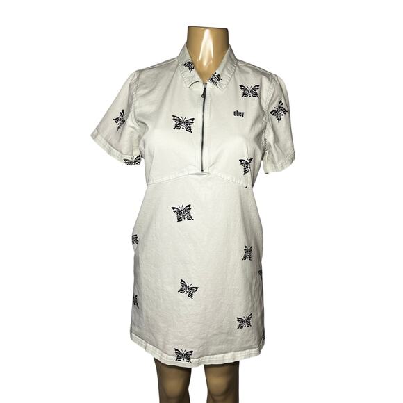 Obey Urban Outfitters Mini Shift Dress Butterfly Mint green & Black Medium - Picture 1 of 13